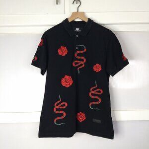 Damati Los Angeles Black Short Sleeve Polo Embroidered Roses Snakes Red Large